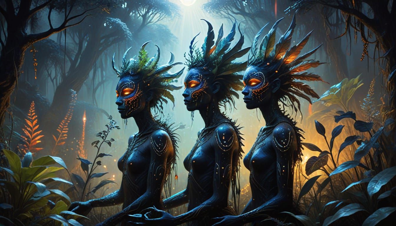 Mystical Guardians in Ethereal Oil Painting