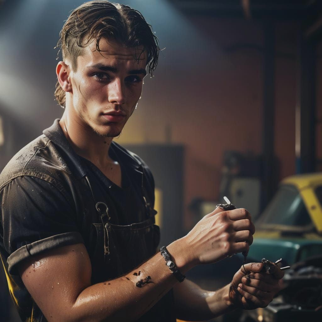 Sweat-Drenched Mechanic: High-Fashion Portrait in Vivid Colo...