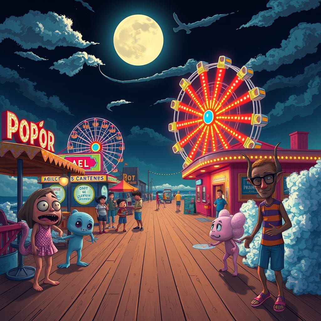 Otherworldly Beings on a Summer Boardwalk, Vibrant Art