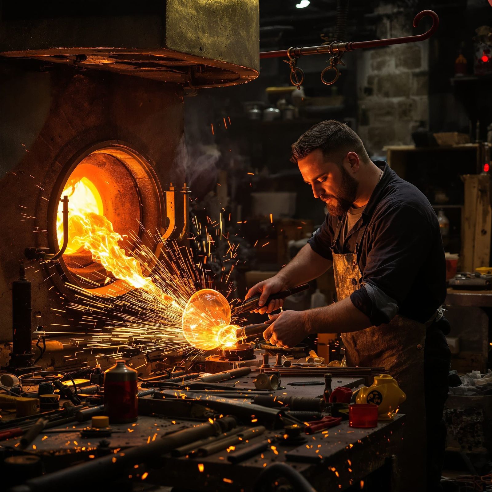 Glassblower Shaping Molten Glass in Studio