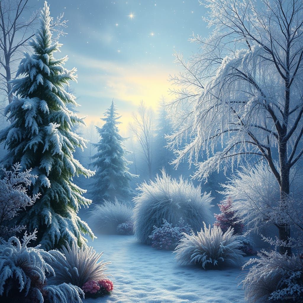 Enchanted Winter Garden Under Starry Twilight Sky