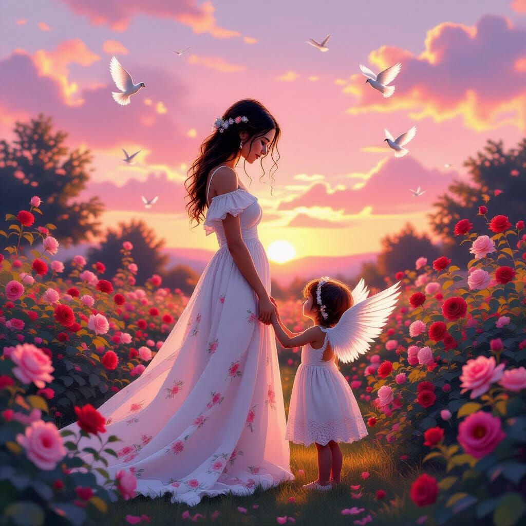 Mother's Farewell to Angelic Child at Sunset