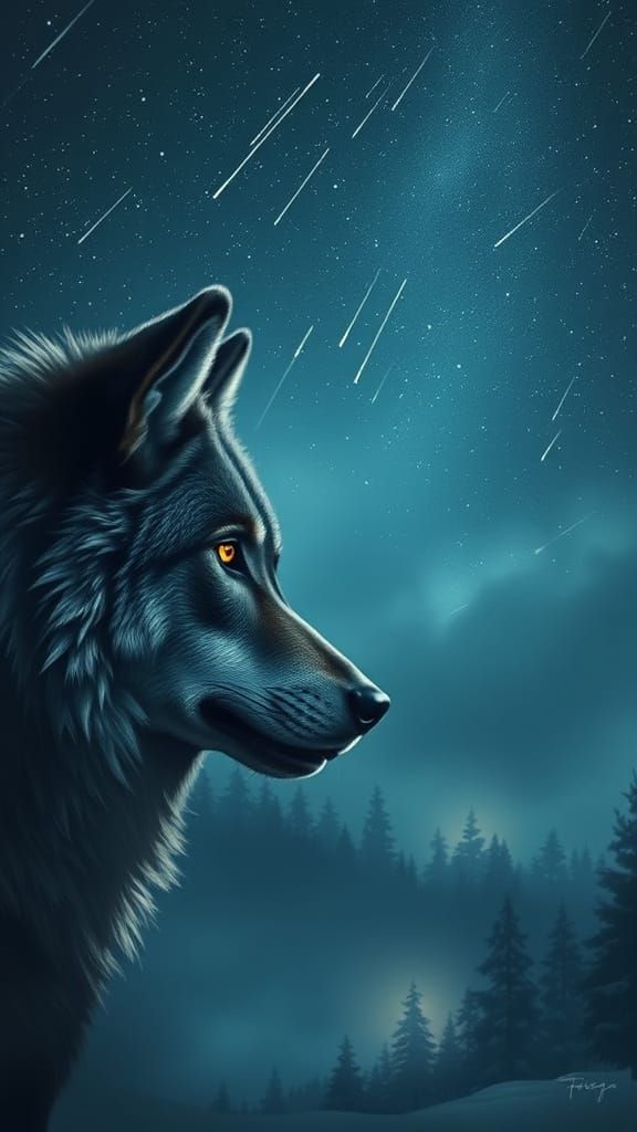 Majestic Wolf Profile Under Shooting Stars