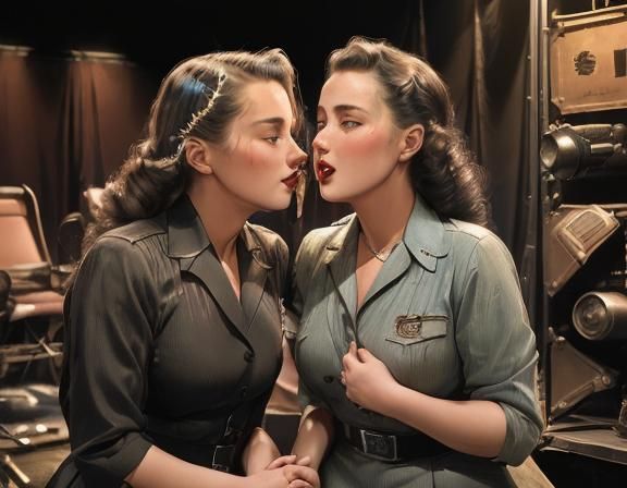 Passionate Kiss Between Stagehands, Hyperrealistic 1940s Por...