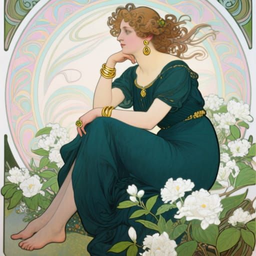 Art Nouveau Woman in Teal Dress Amidst White Flowers