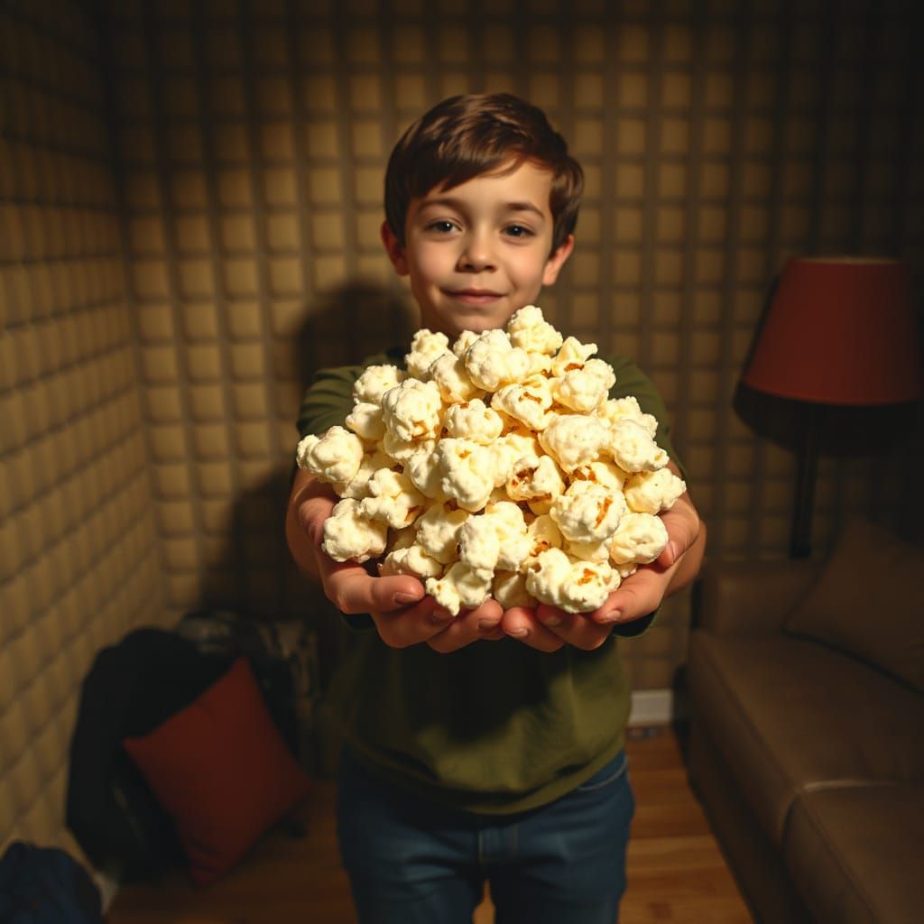 Person with Popcorn in Whimsical Illustration Style