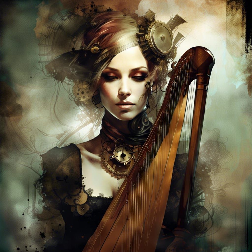 Steampunk Harp Music: Ethereal Digital Collage