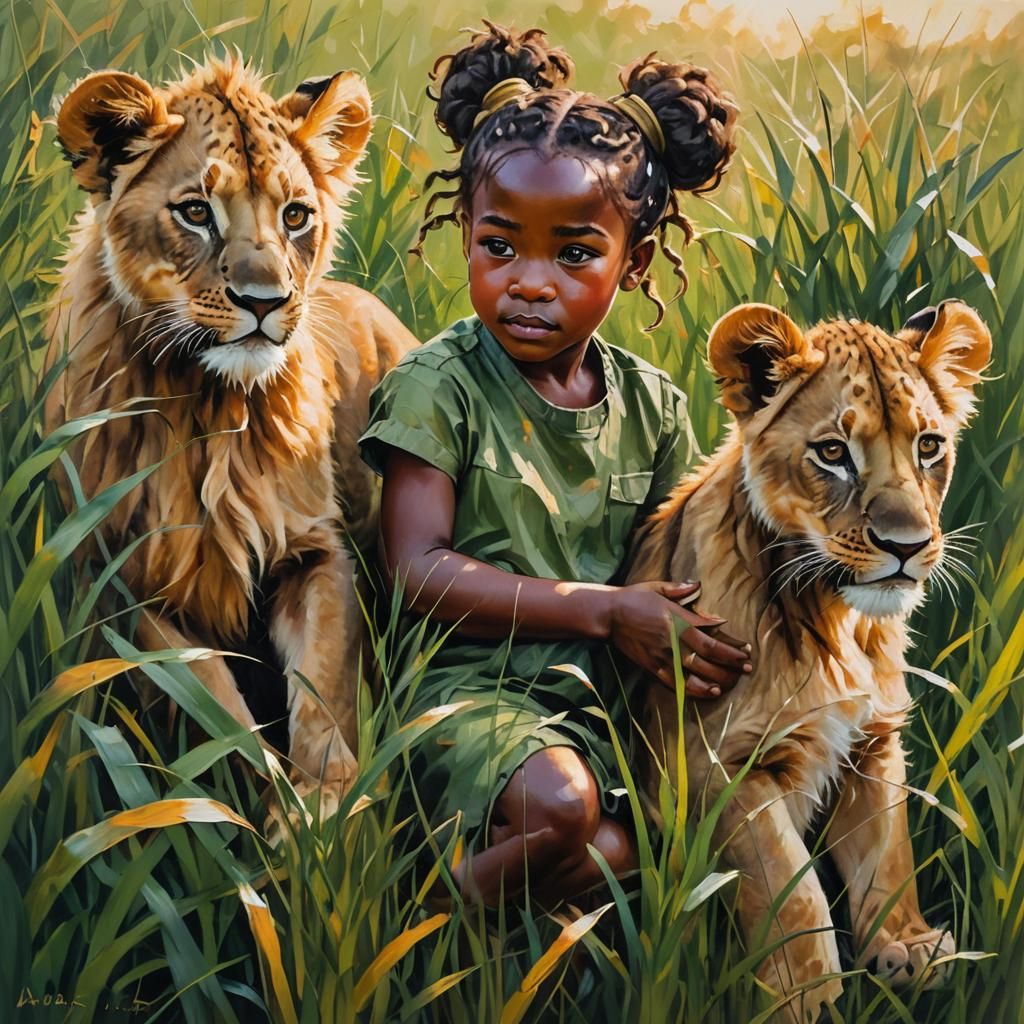Girl with Lion Cubs: A Whimsical Oil Painting