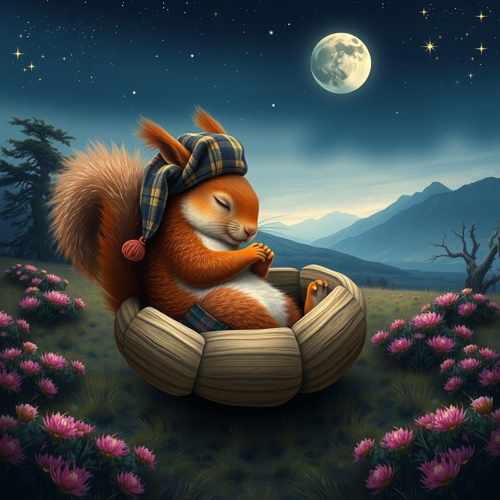 Scottish Highland Squirrel in Tartan Kilt Dreams Under Starr...