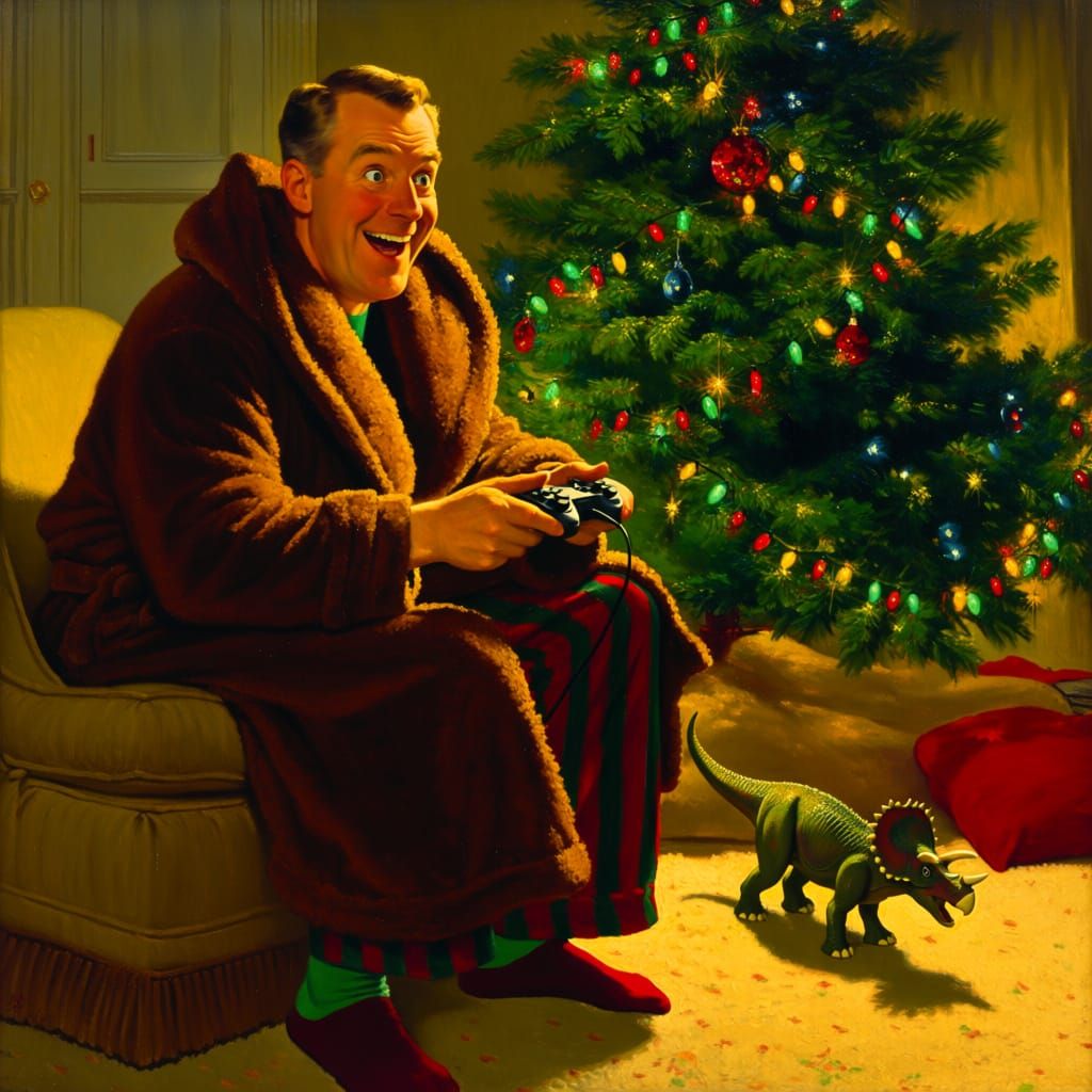 Joyful Man Plays With RC Triceratops Toy by Christmas Tree