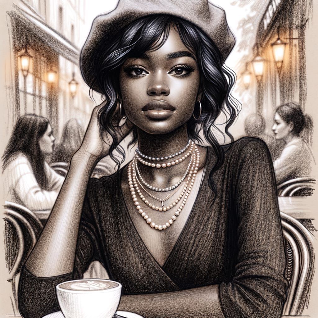 Young Woman in Café, Expressive Portrait in Impressionist St...