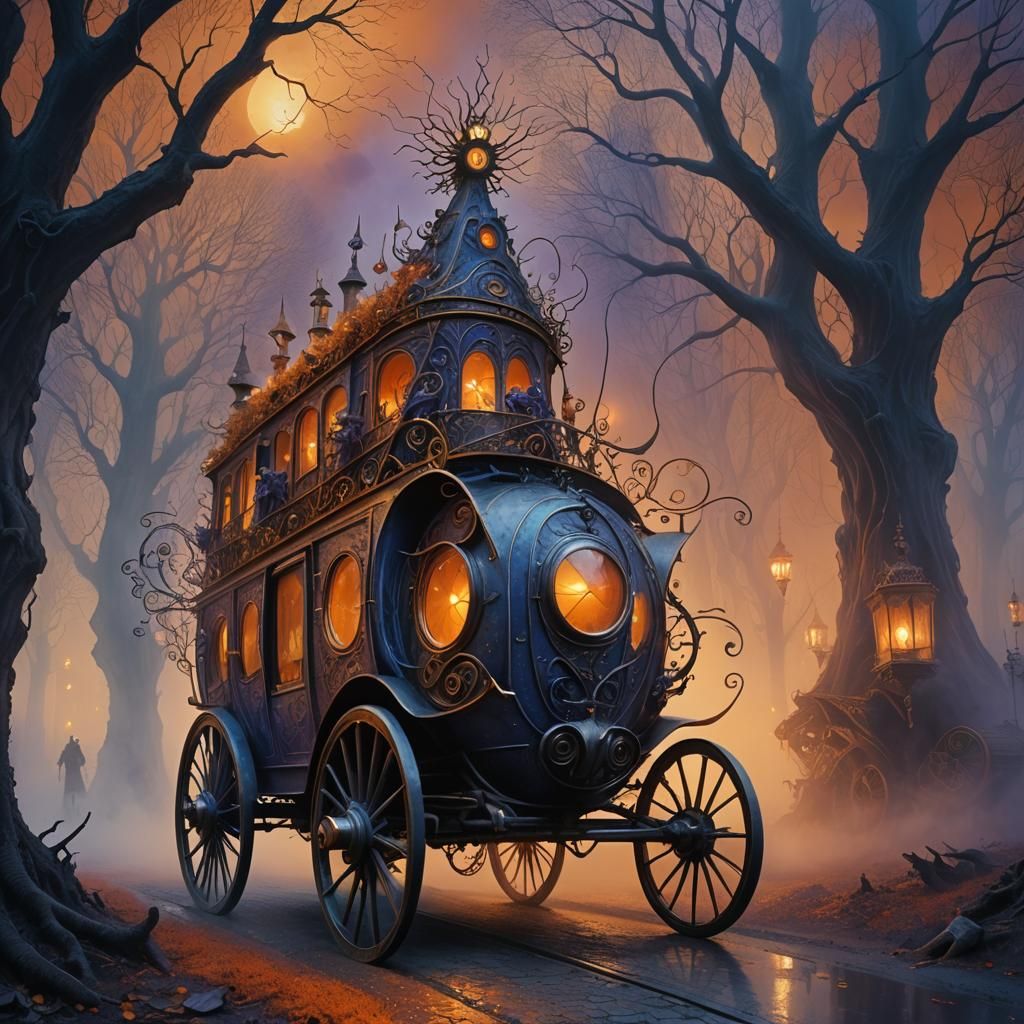 Surreal Wheeled Creatures in Dreamlike Landscape