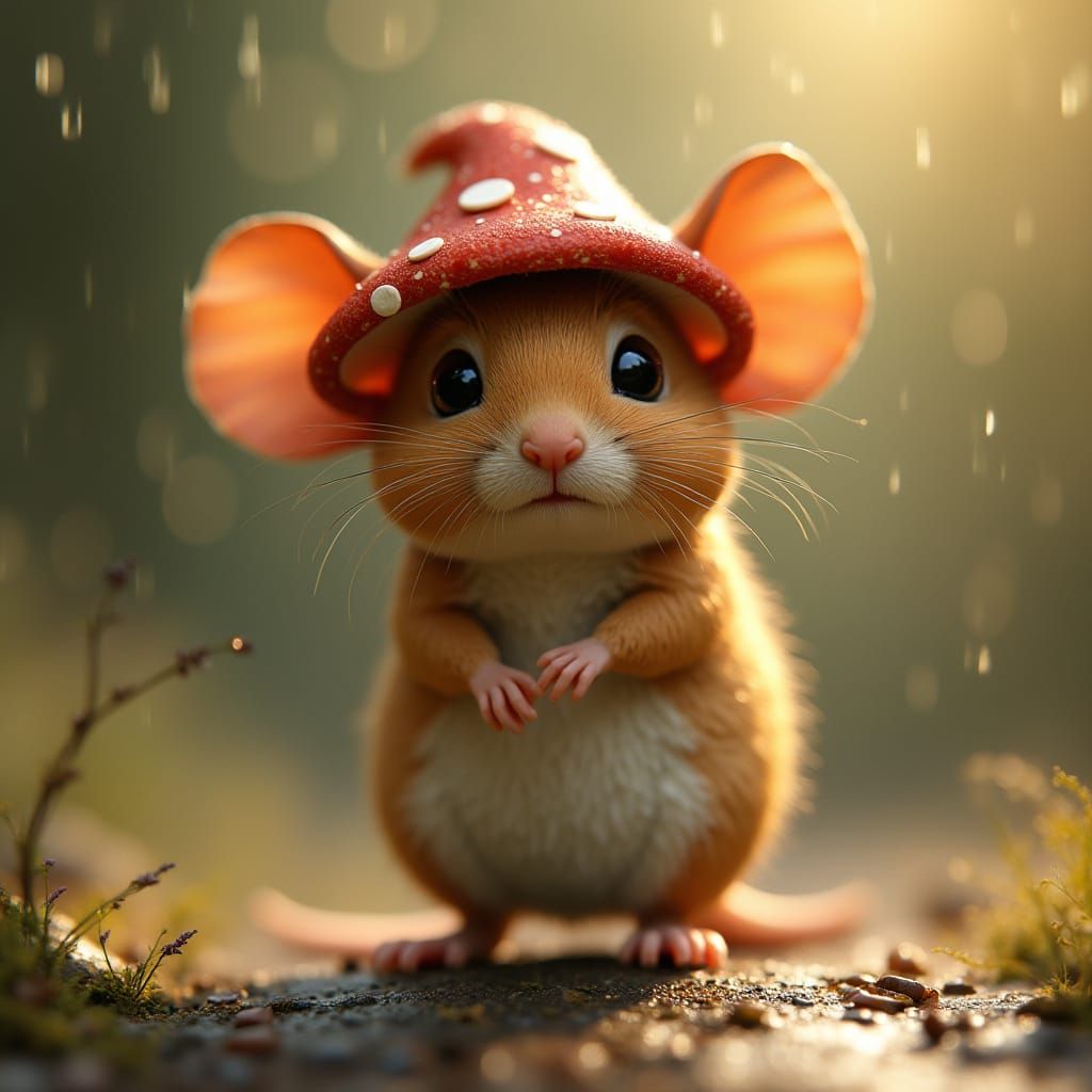 Whimsical Mouse in Golden Light with Mushroom Cap