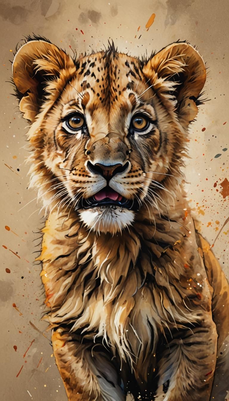 Cute Lion Cub in Splash Art Style