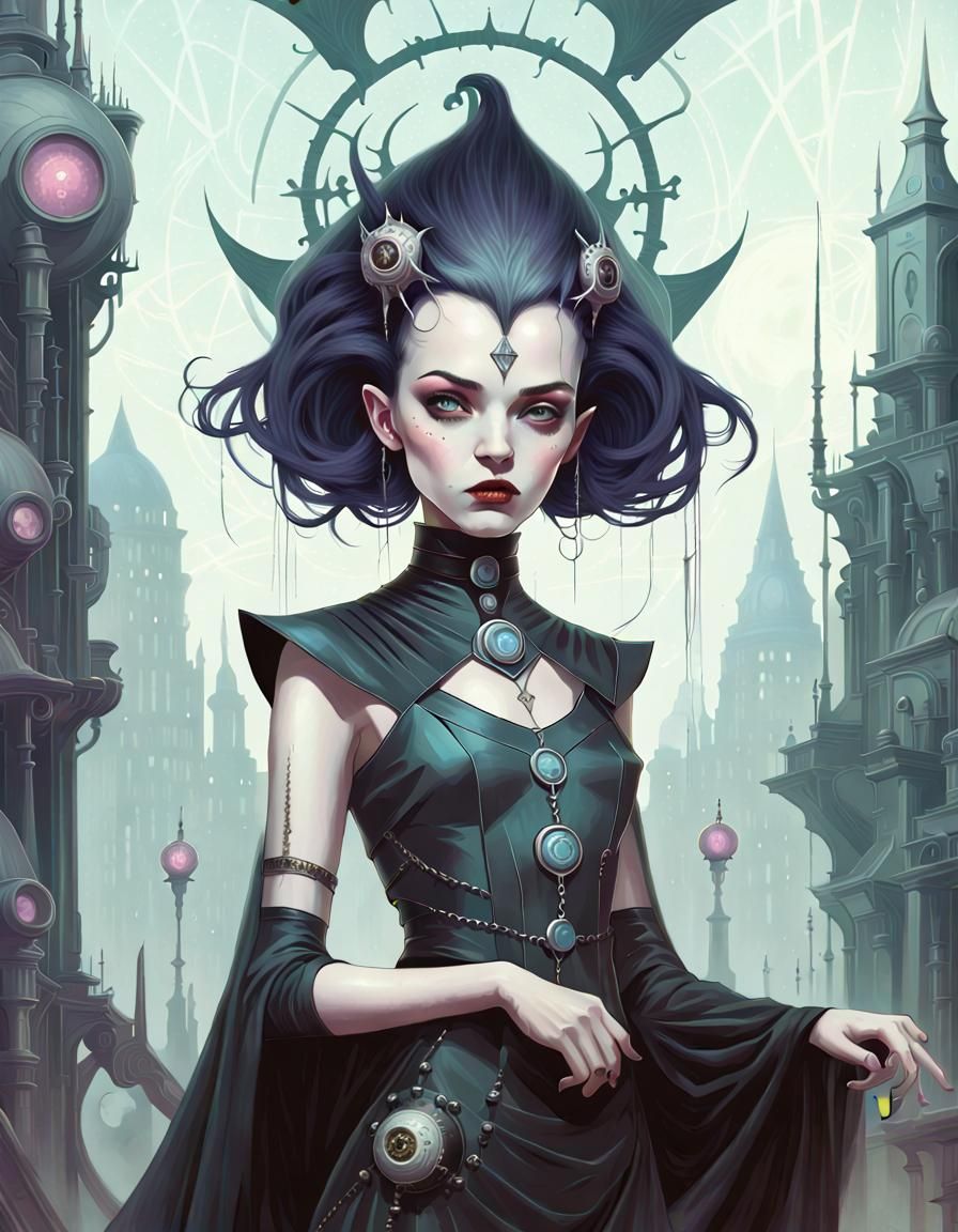 Sorceress in Glitching Aetherpunk Style