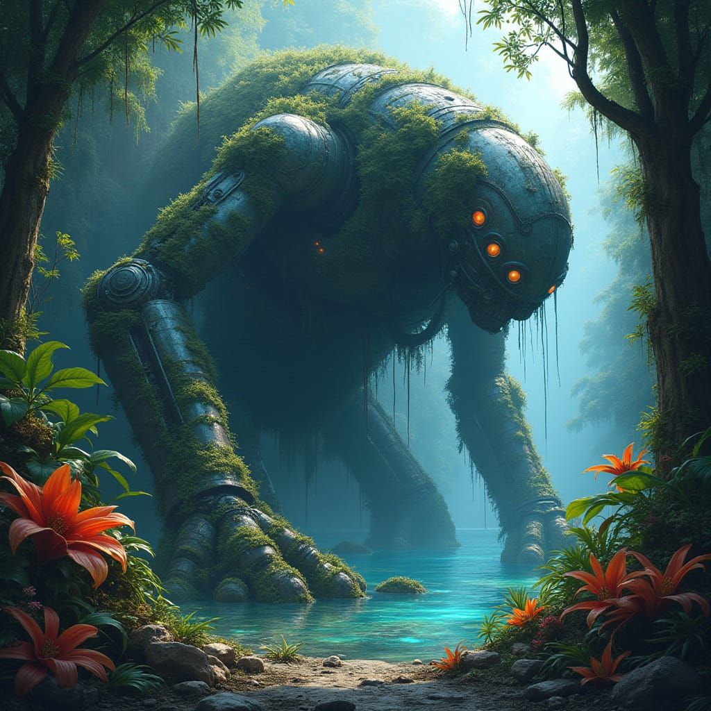 Colossal Automaton in Bioluminescent Jungle