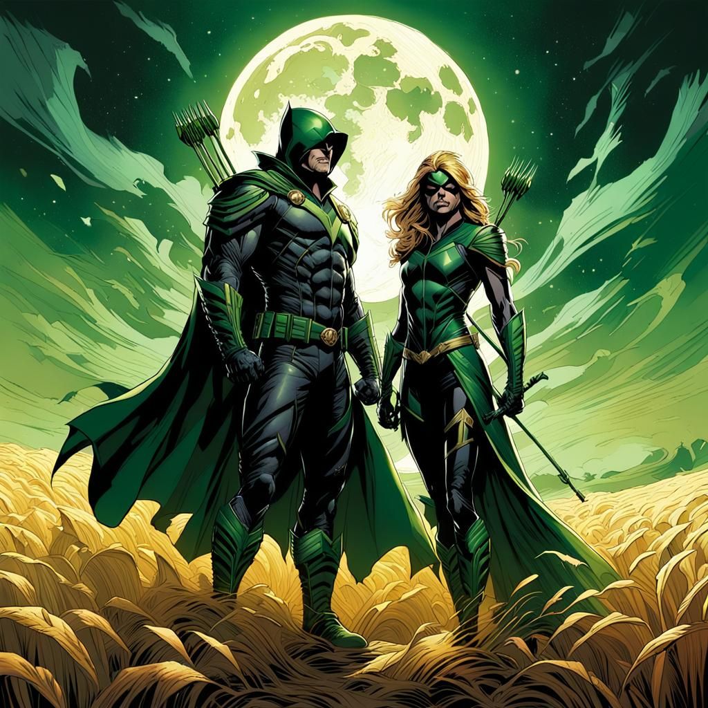 Spawn and Green Arrow in a Golden Field