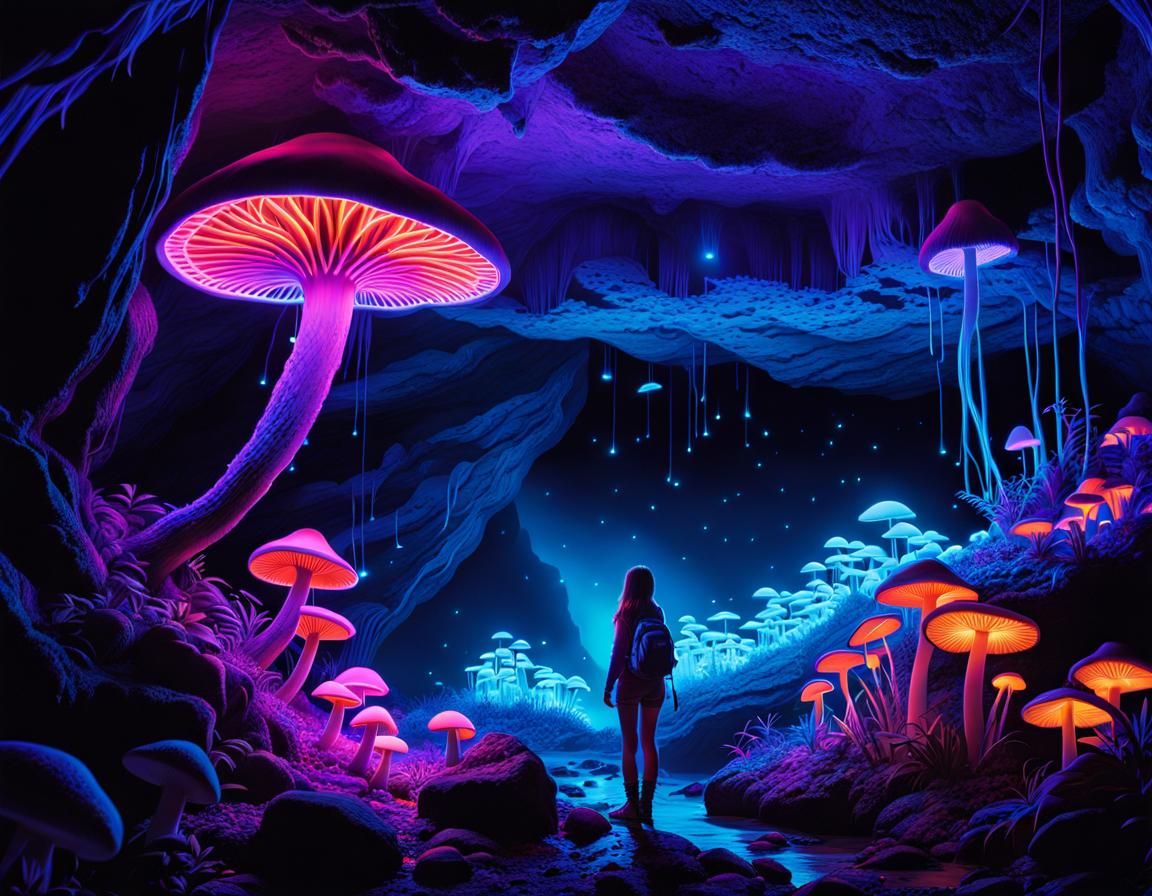 Girl Foraging Bioluminescent Mushrooms in Cave