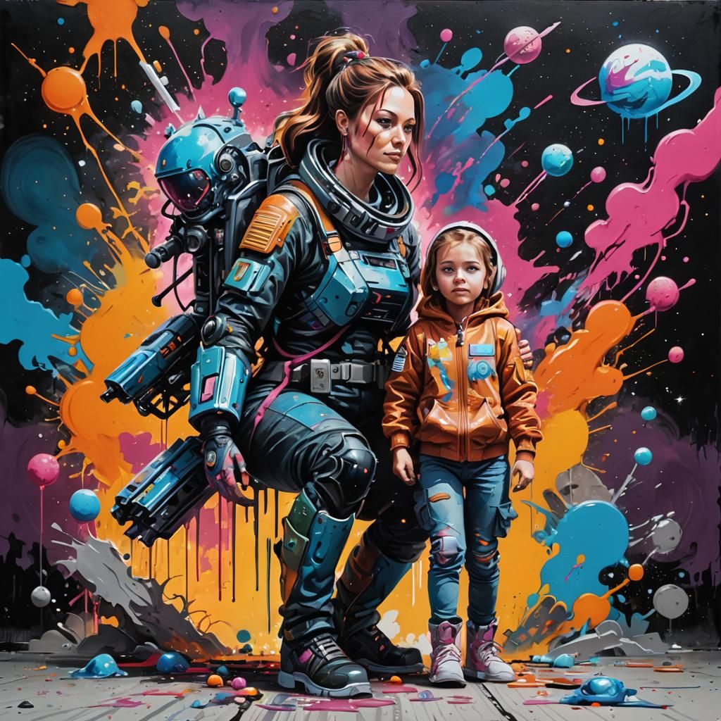Space Hunter Mom and Daughter in Graffiti Art