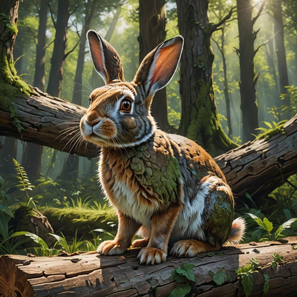 Hyperrealistic Rabbit Portrait in Green Forest