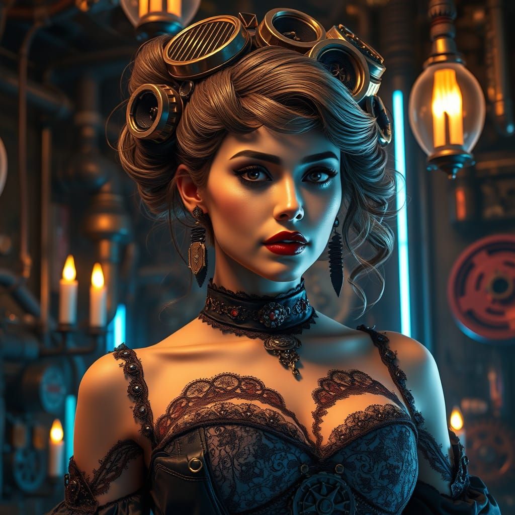 Ethereal Steampunk Goddess in Victorian Lace and Cyberpunk A...