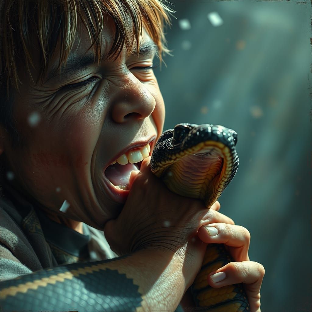 Boy Bites Cobra in Impasto Oil Painting Style
