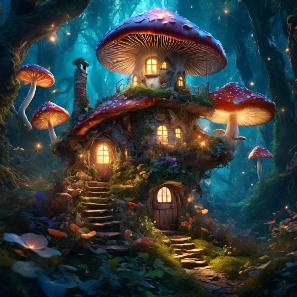 Enchanted Fairy Mushroom House in Hyperreal Detail