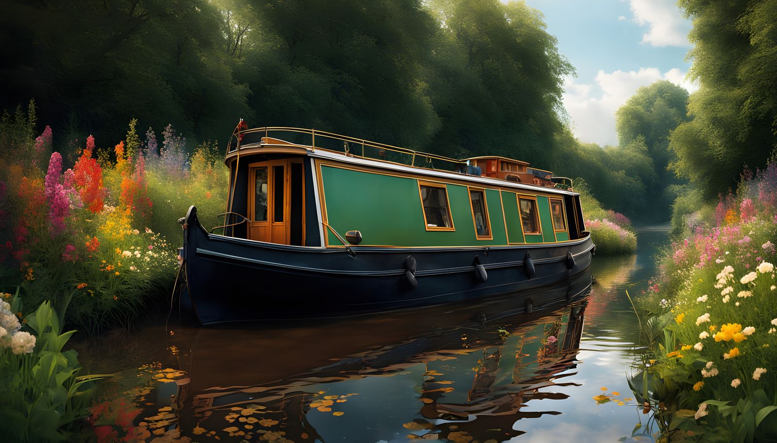 Idyllic British Canal with Wildflowers and Painted Boat