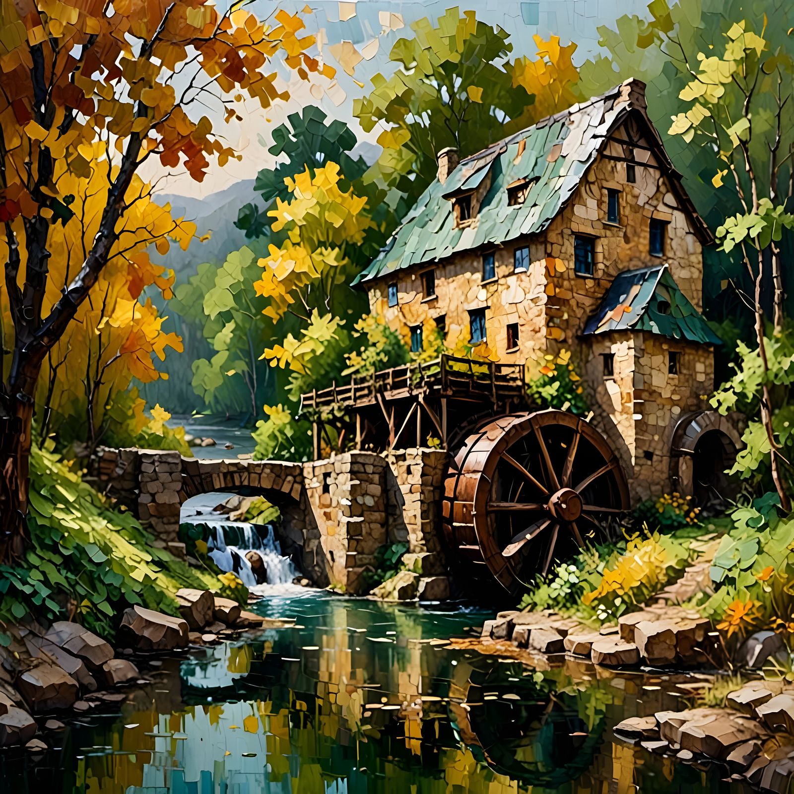 Riverside Mill in Forest, Impasto Painting