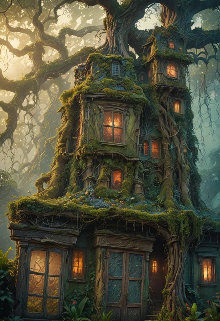 Mysterious Old House and Ancient Tree in Fantasy Landscape