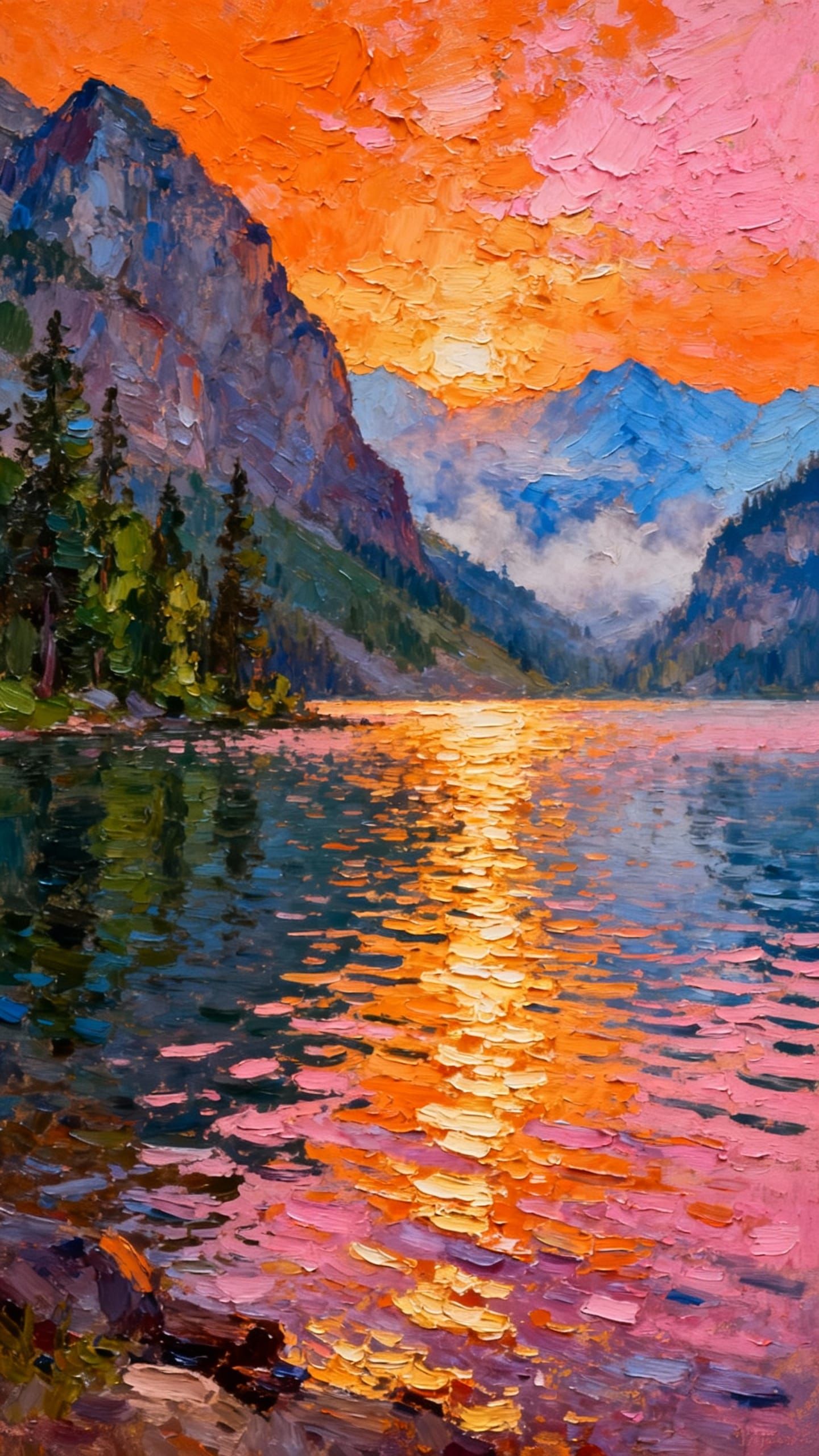 Impasto Sunrise Over Mountain Lake with Trees