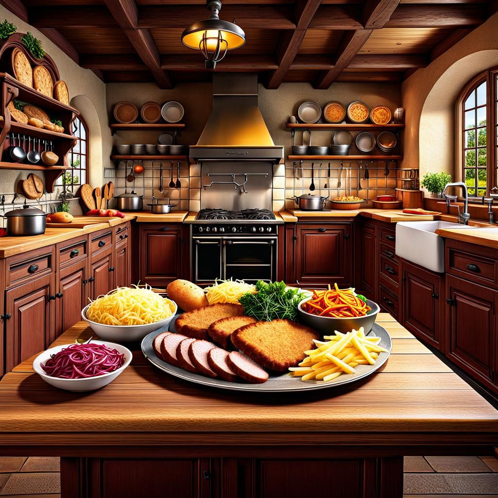 Hyperdetailed German Kitchen Feast in Australian Tonalism