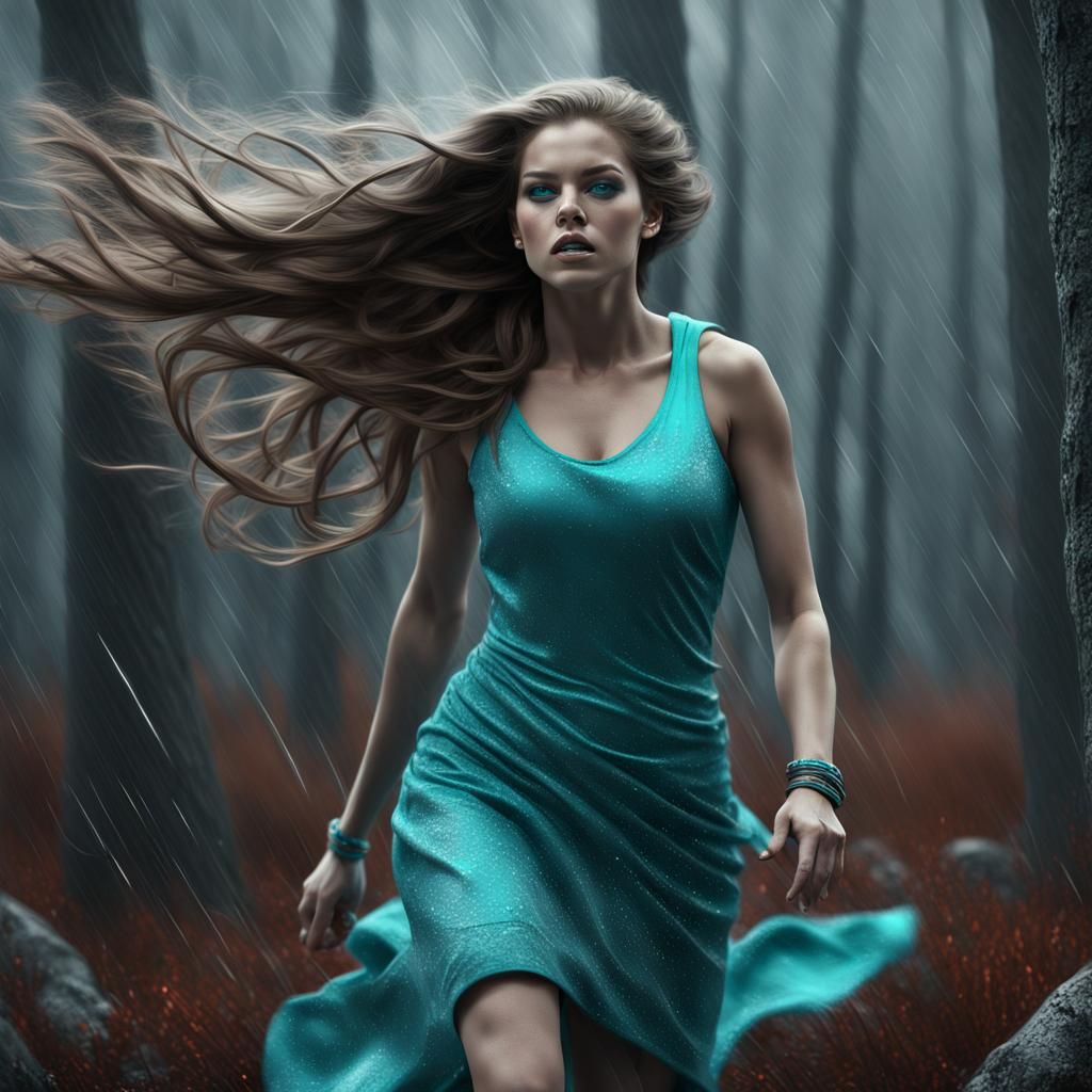 Turquoise Hair in Tornado: Photorealistic CGI Masterpiece