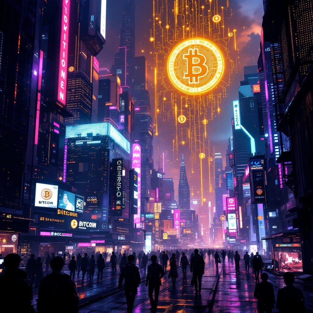 Neon Cyberpunk Cityscape of Bitcoin Metropolis