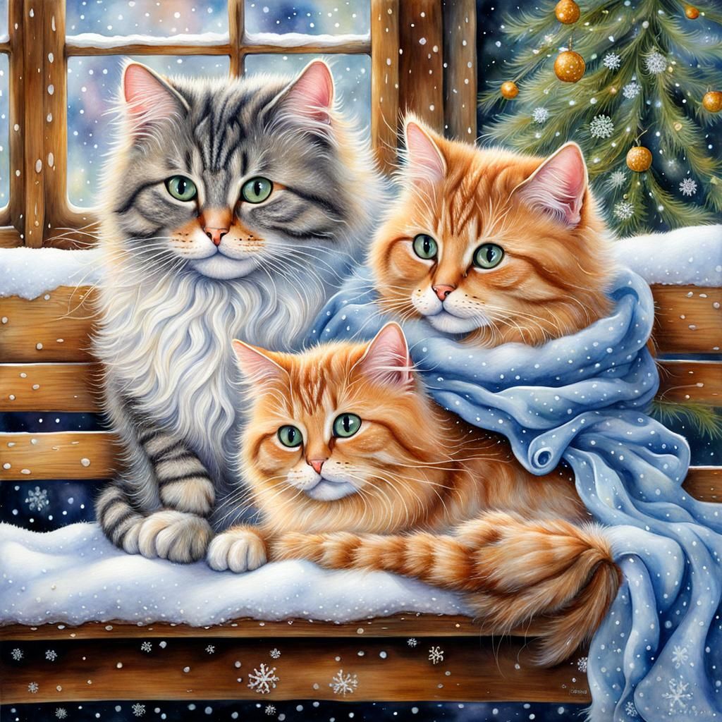 Cats Playfully Catch Snowflakes in Watercolor