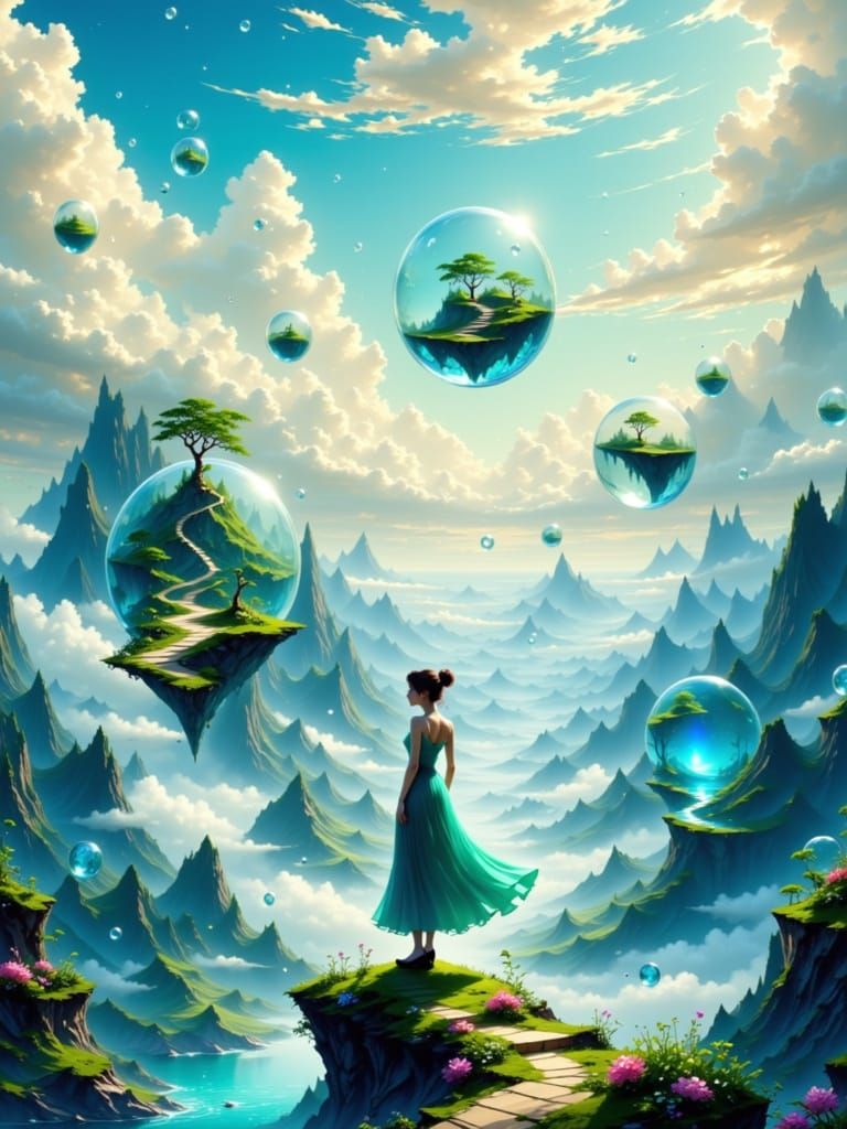 Surreal Floating Landscape with Crystal Ecosystem Bubbles