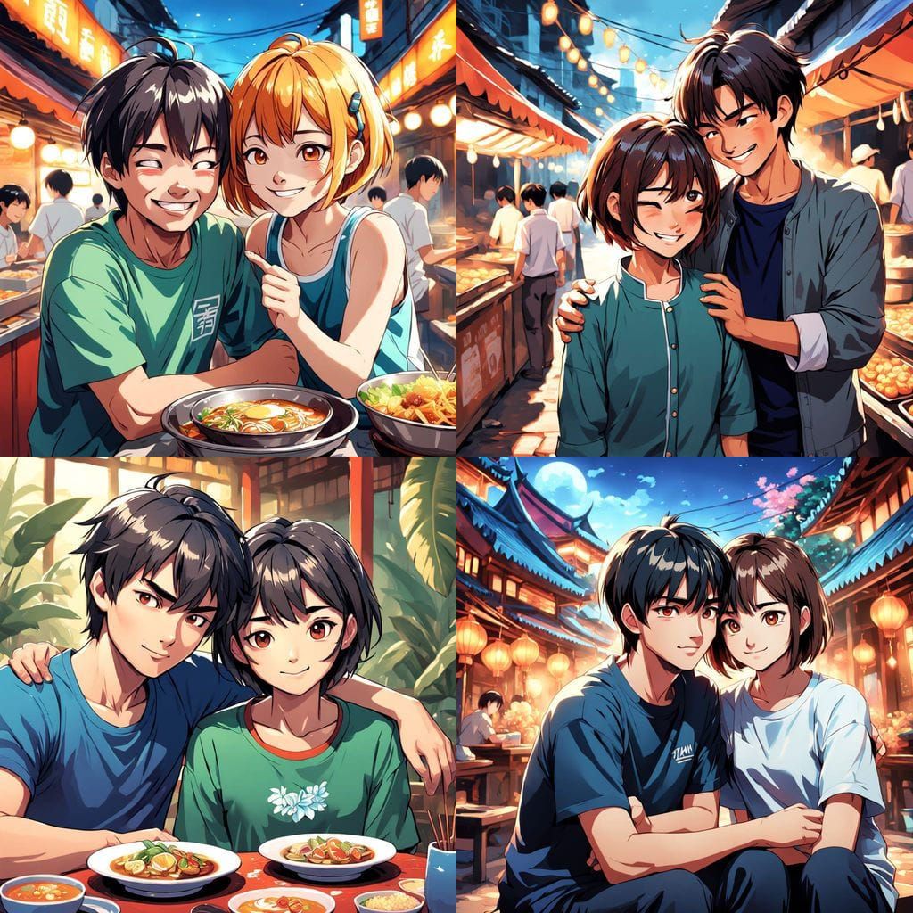 Happy Thai Food Lovers in a Vibrant Manga-Inspired Scene