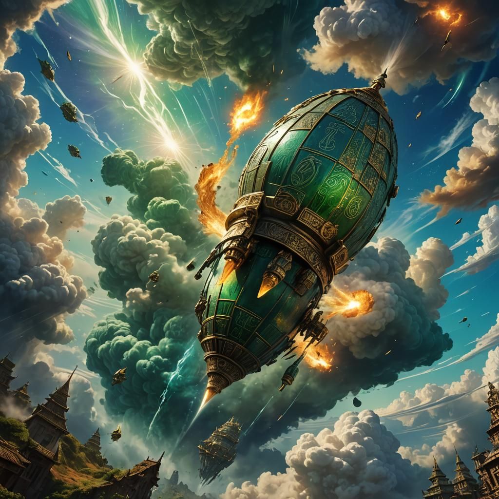 Glowing Runes Etched on Bomb in Iridescent Sky