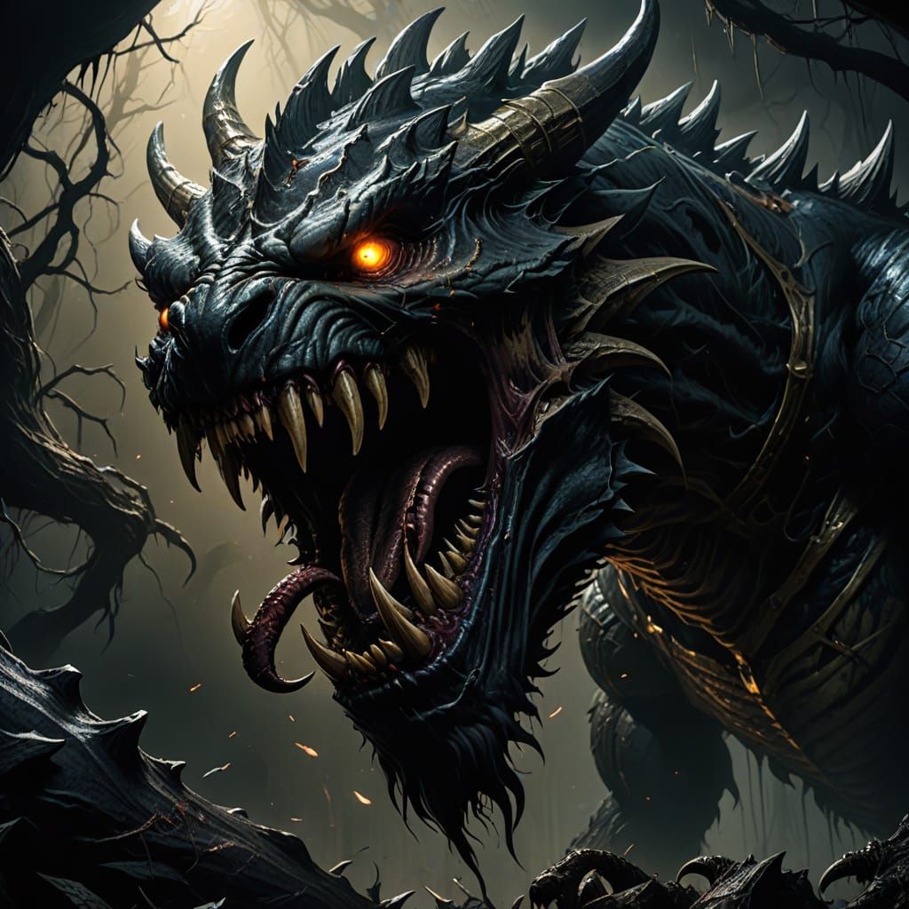 Dark Fantasy Beast Devours Prey in Golden Lighting