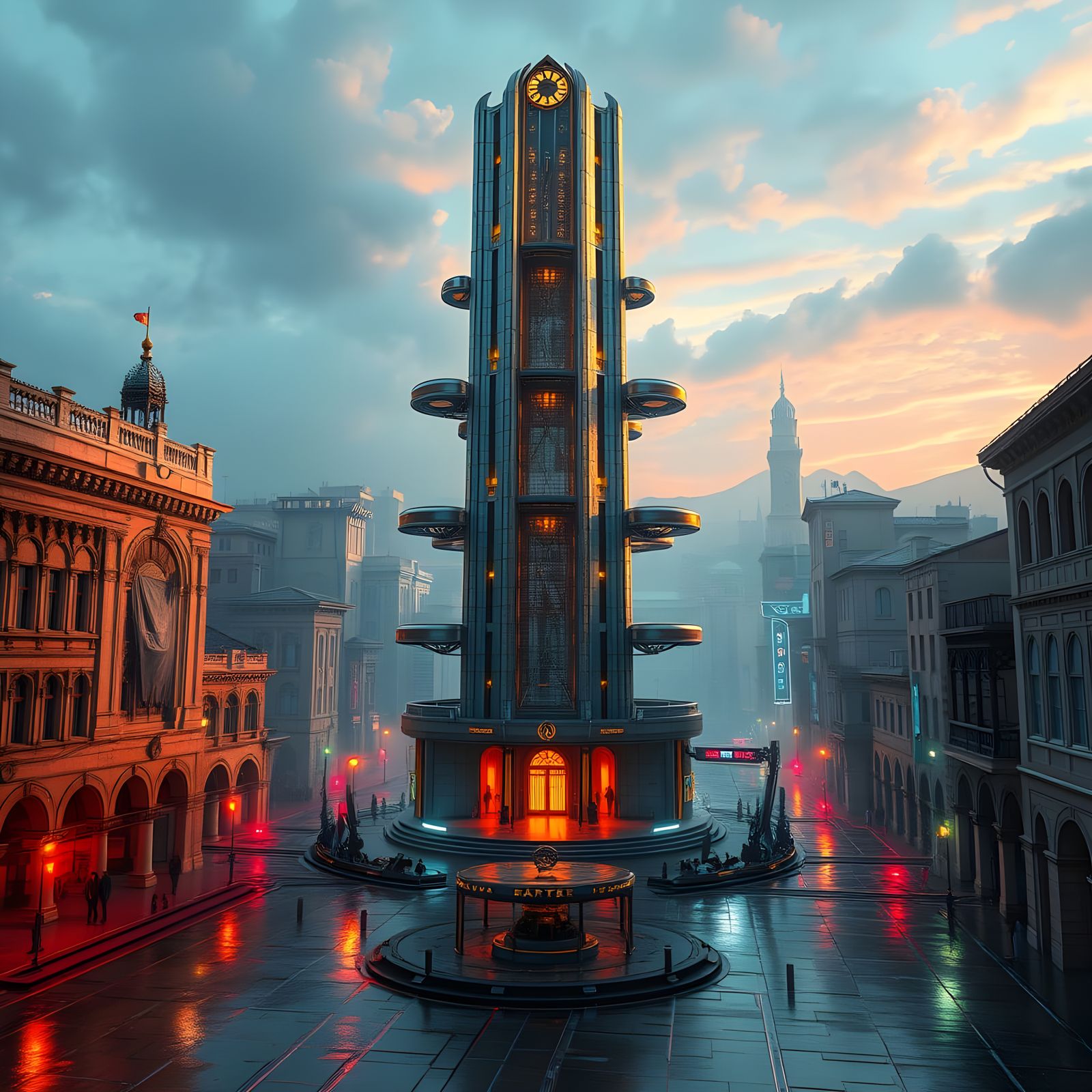 A walled Roman style city all around a several story tall silver gold tower with landing pads on the outside at differen...