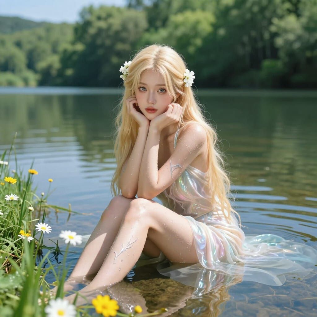 Hyper-Realistic Portrait of a Woman in Tranquil Lake