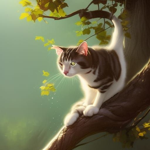 Detailed Cat Portrait on Rope Swing, Art Nouveau Style