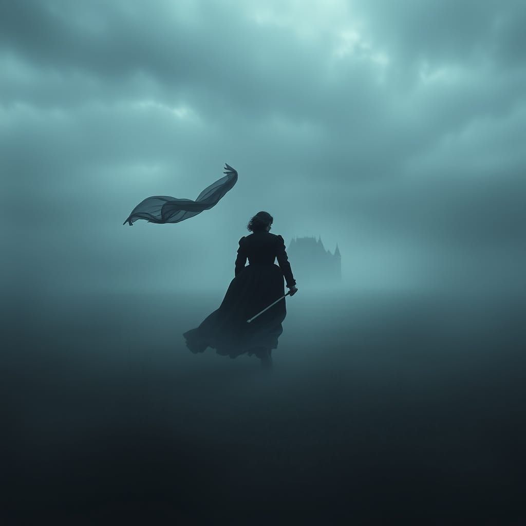 Mist-Shrouded Moor with Victorian Woman, Dark Fantasy