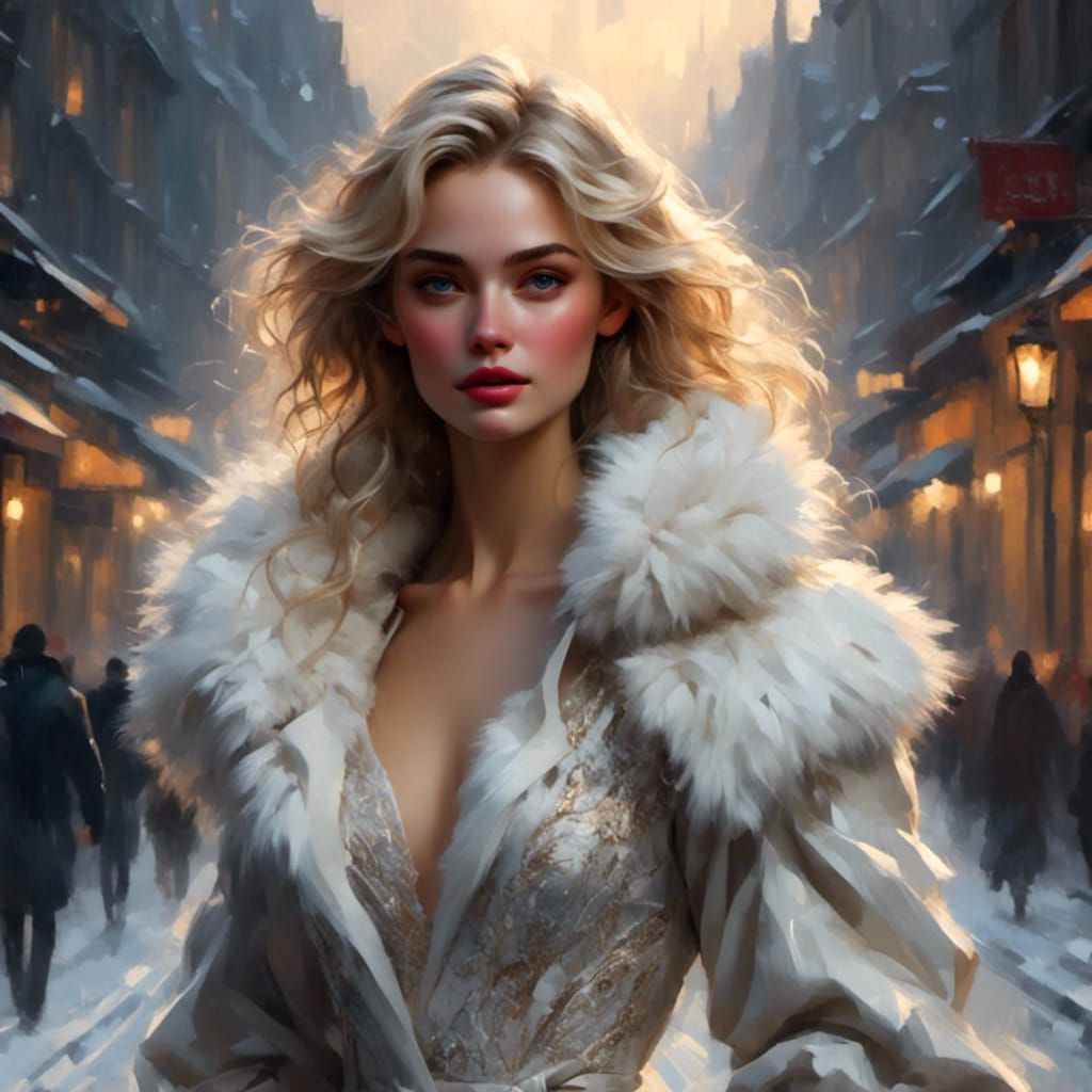 Blonde Woman in Snowstorm Portrait, Detailed Digital Art