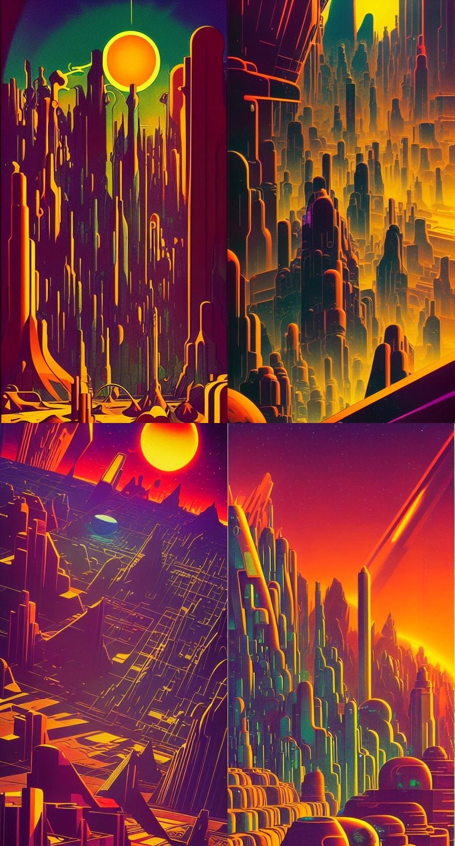 Vesuvianite Cities, Futurism Geologic Cosmic Architecture 1920s detailed retro-psychedelic film poster by Bernie Wrights...