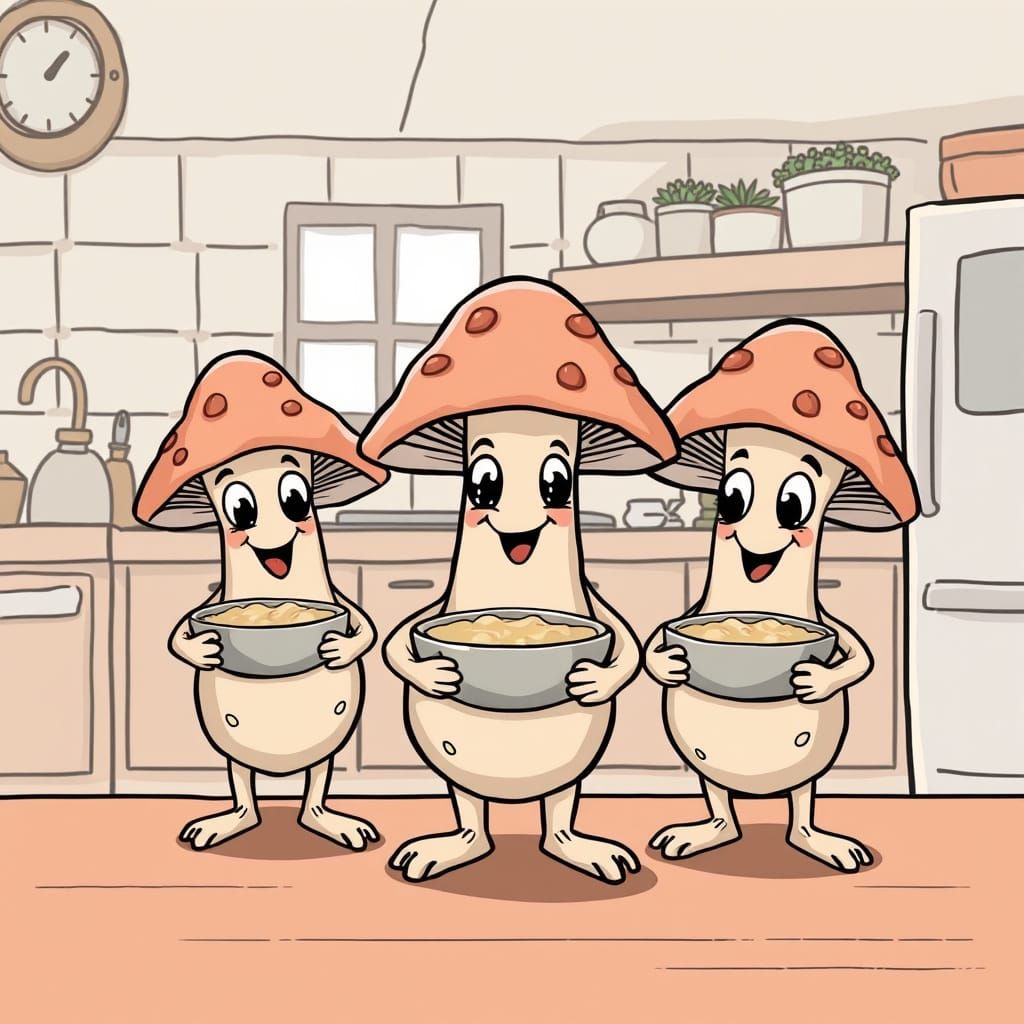 Cartoon Mushrooms Enjoying Gruel in Kitchen