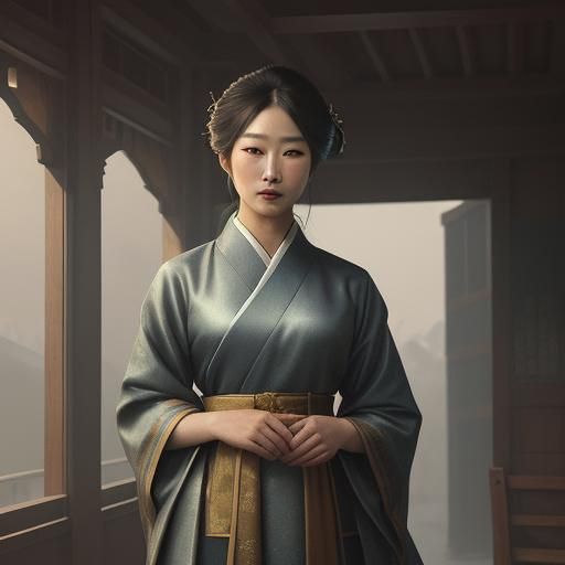 Korean Girls in Misty Courtyard: Hyper-Realistic Portrait