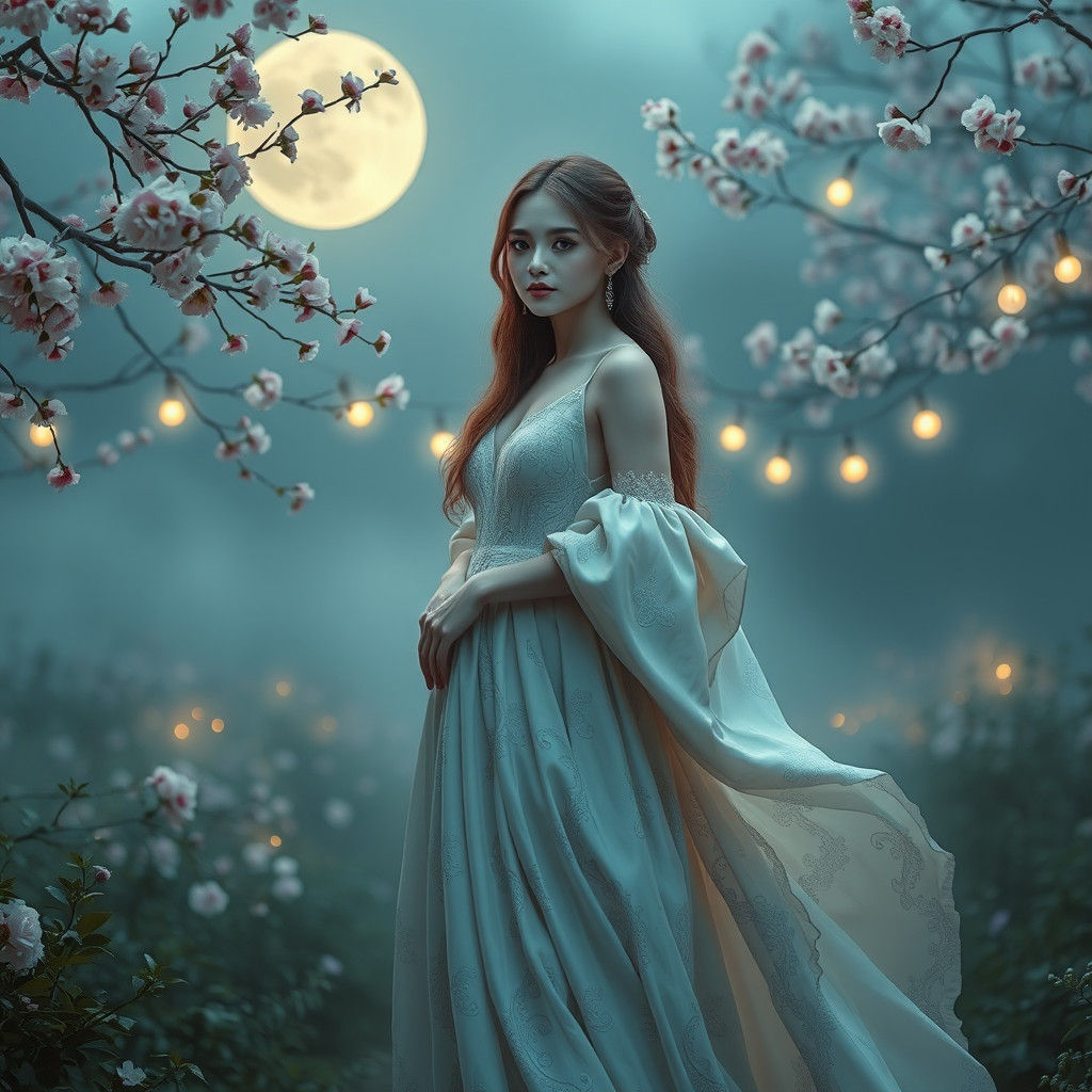 Ethereal Moon-Faced Woman in Dreamy Garden