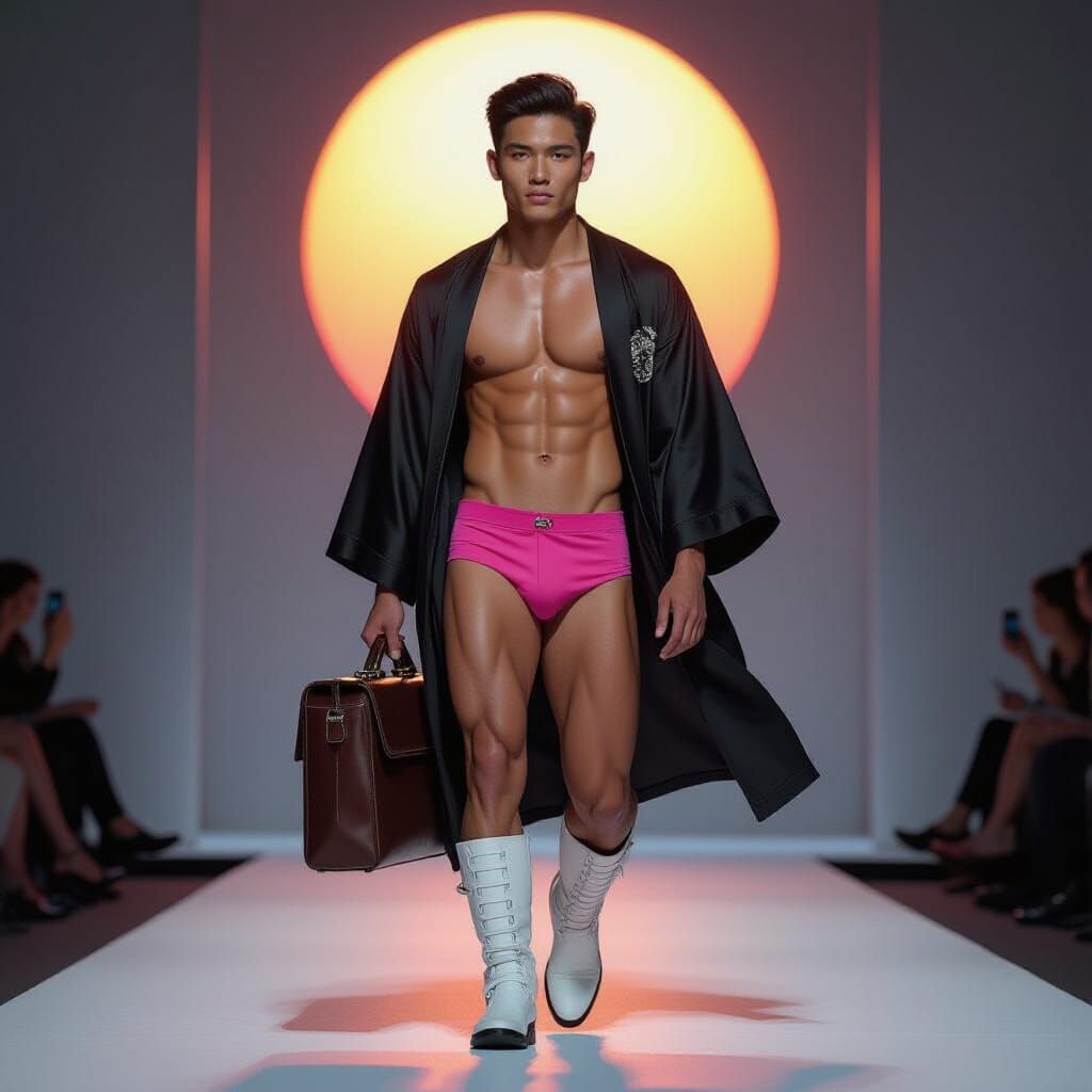 Athletic Man in Kimono on Runway, Hyperrealistic Style