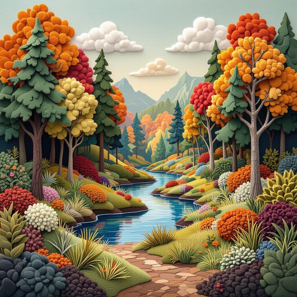 Vibrant Felt Forest Landscape in Matte Painting Style
